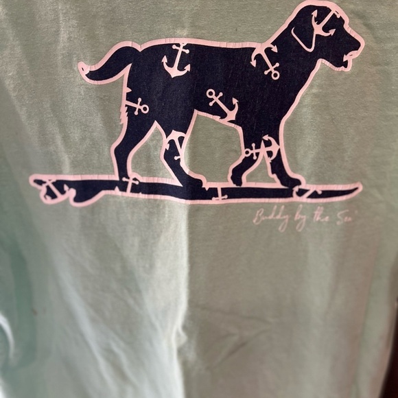 Comfort Colors Other - Buddy by the Sea “surfing dog” t-shirt size small in used condition